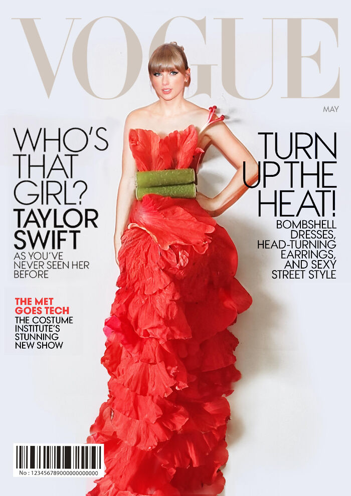 A woman in a red floral dress on a Vogue magazine cover.