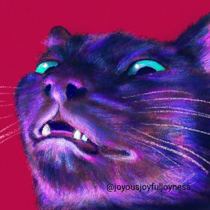 Vibrant close-up painting of a cat against a red background, showcasing colorful artistic details.