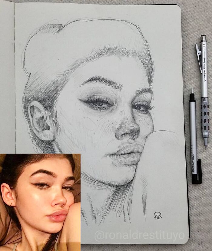 Photorealistic face sketch next to original photo, showcasing artist's transformation of simple sketches.