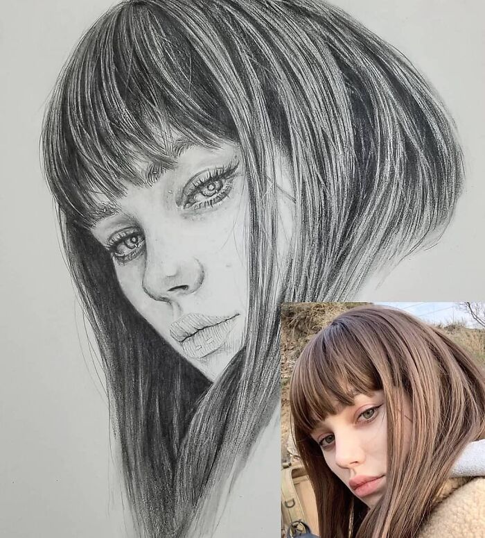 Photorealistic face sketch of a woman with bangs, alongside her photograph for comparison.