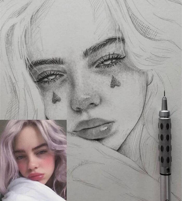 Photorealistic face transformation of a woman's sketch, with a pencil beside the drawing, showcasing artistic detail.