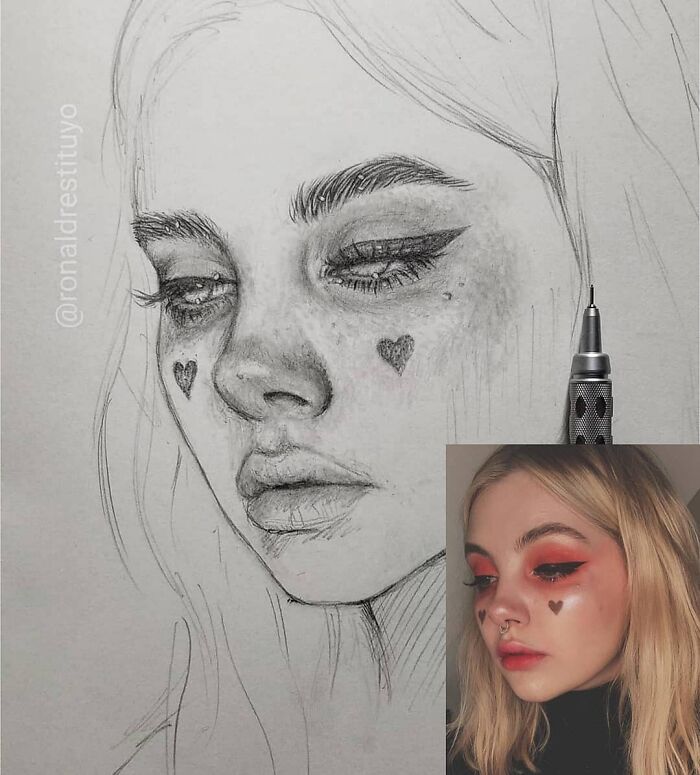 Photorealistic face transformation: a detailed sketch next to a colored image of the same face with heart-shaped cheek marks.