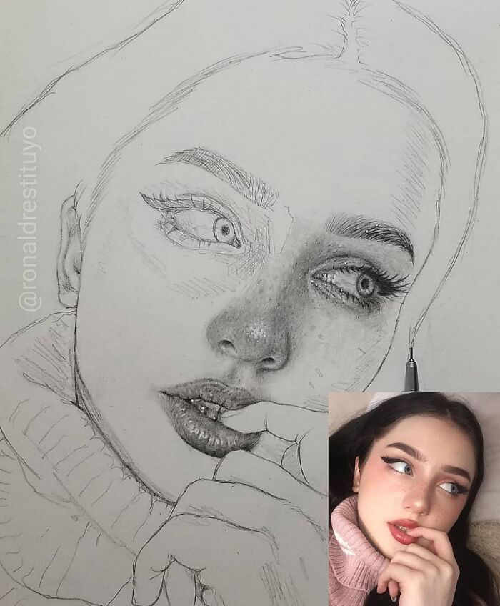 Photorealistic face sketch transforming from a simple drawing with an inset of the original person's image in the corner.