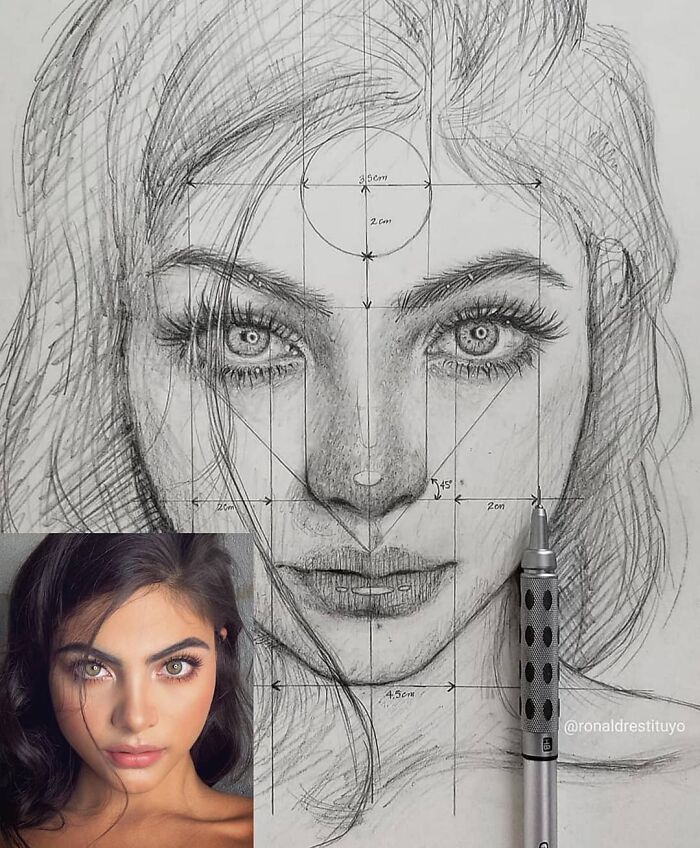 Photorealistic face drawing from simple sketch, with a pencil beside the artwork.