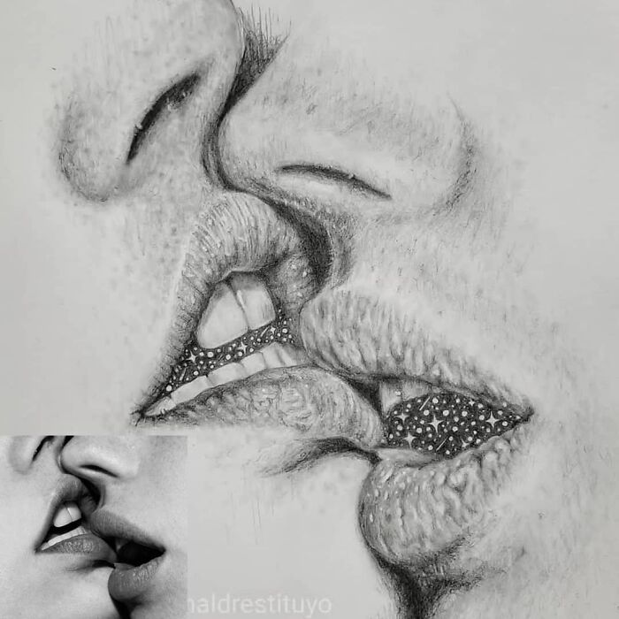 Photorealistic sketch of two faces kissing, showcasing detailed shading and texture.