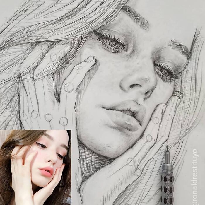 Photorealistic face sketch of a woman, showcasing the transformation from a simple sketch to a lifelike portrait with 3D pencil detail.