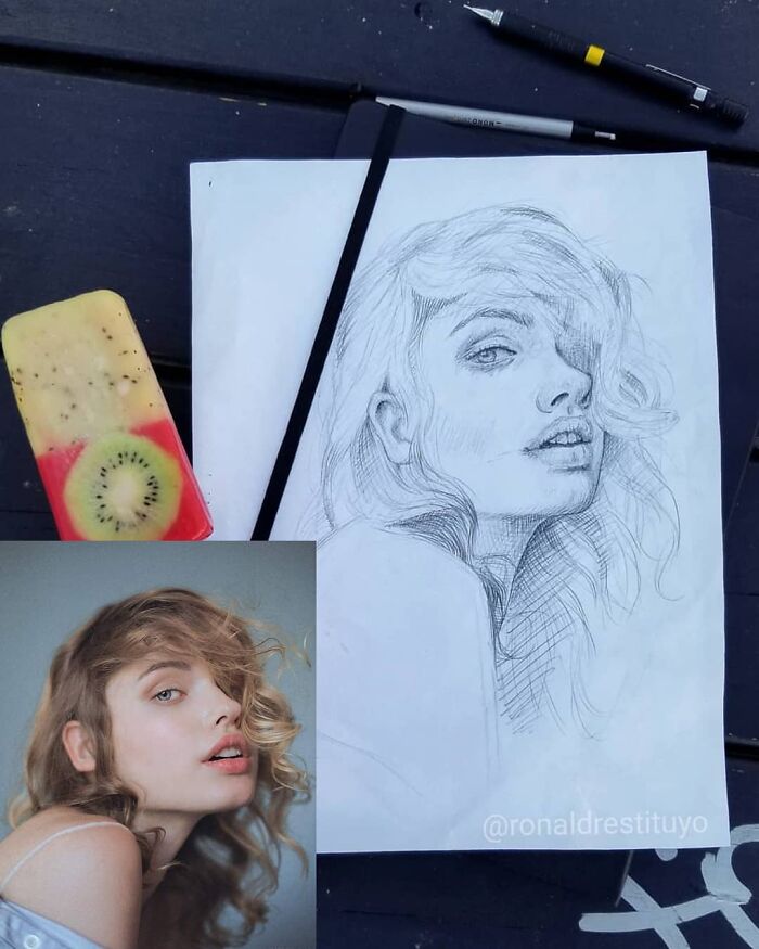 Sketch transformed into photorealistic face; artistic process comparison with final result.