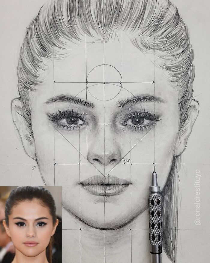 Photorealistic face sketch transformation with sketching pencils and geometric guides, artist's creative process showcased.