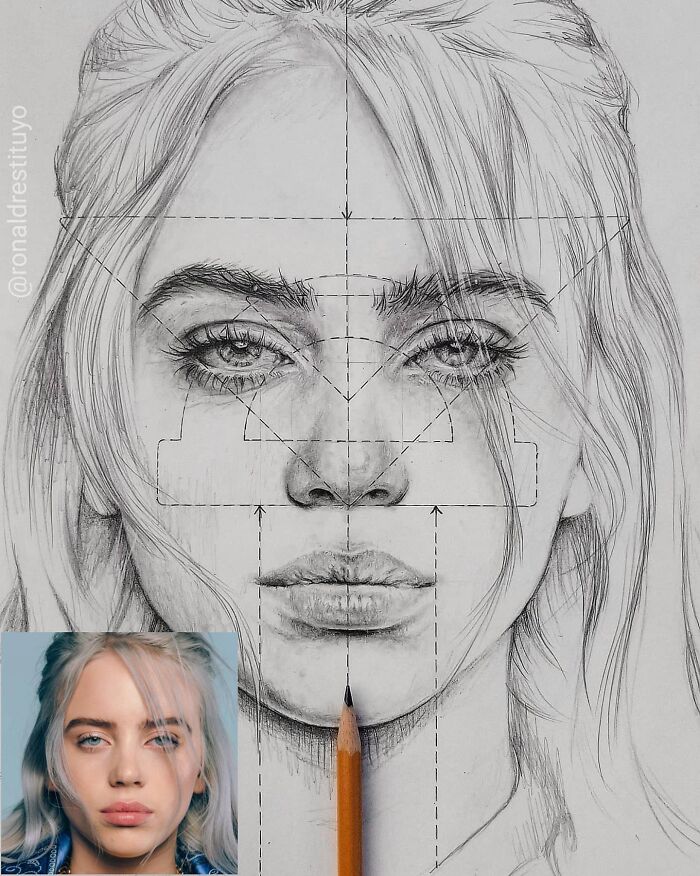 Photorealistic face sketch with a pencil, transforming a simple sketch into detailed artwork, alongside a reference photo.