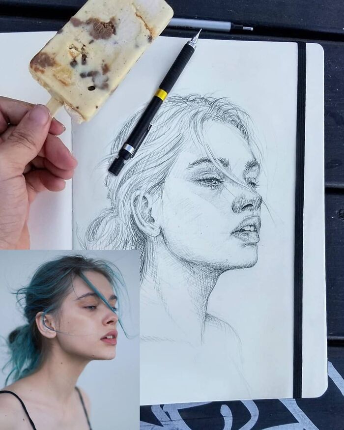 Artist transforms simple sketch into photorealistic face, with a side-by-side comparison of the drawing and reference photo.