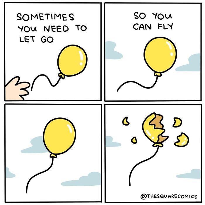 Comedic comic of a balloon flying away and unexpectedly bursting, by a creative artist known for dark twists.