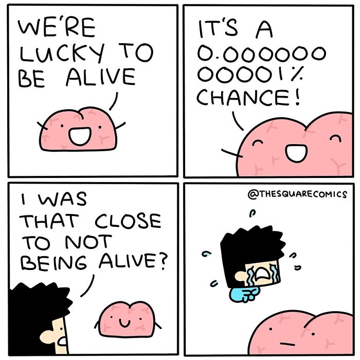 Humorous comic with a pink blob discussing odds of being alive, ending with a crying boy. Dark twist theme.