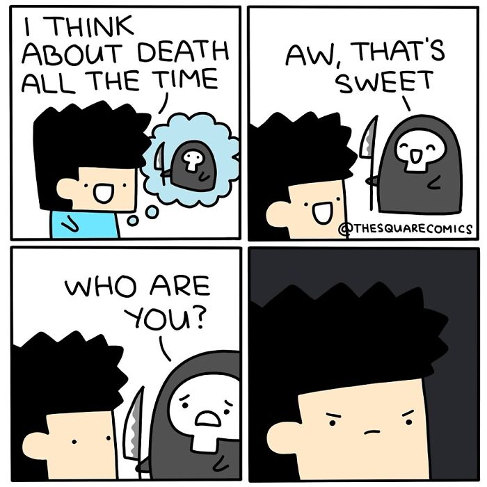 Humorous comic with a dark twist: A person thinks about death, greeted by a friendly reaper holding a knife.