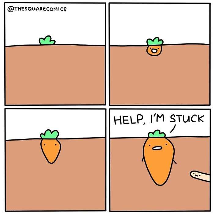 Comic strip of a carrot in soil, humorously calling for help, conveys dark twist theme in minimalist art style.