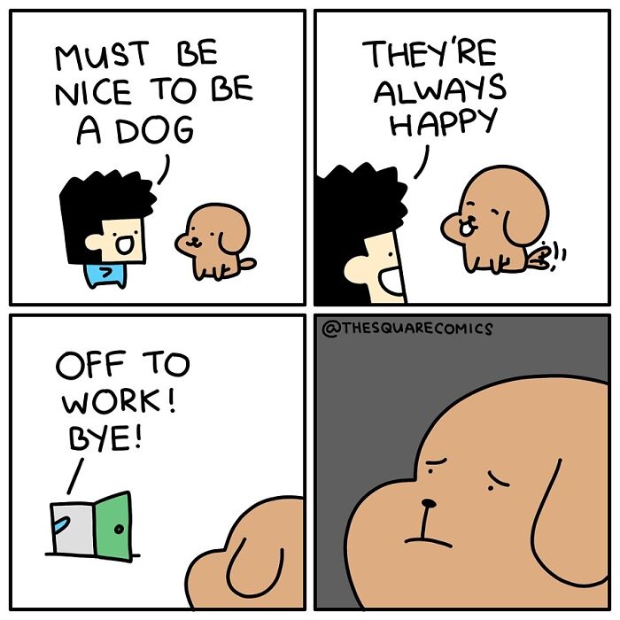 Humorous comic with a dark twist, featuring a conversation between a person and a dog about happiness, ending with a sad dog.