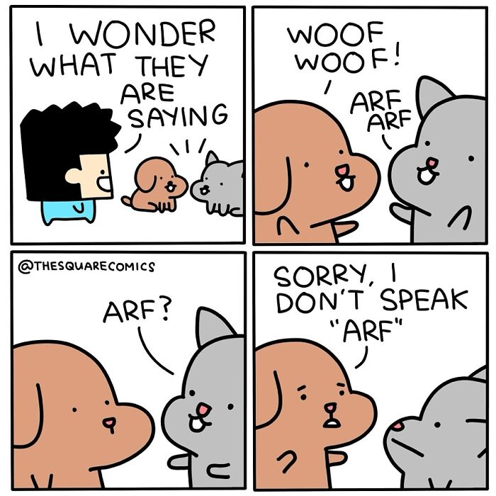 Humorous comic by an artist features a dog and a cat with a funny misunderstanding about language.