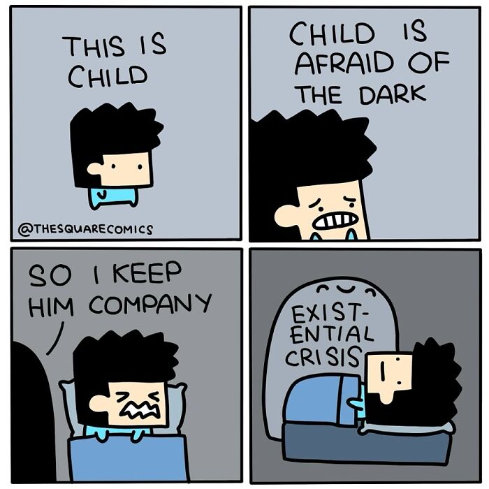 Humorous comic with a dark twist: a child afraid of the dark, comforted by an existential crisis.