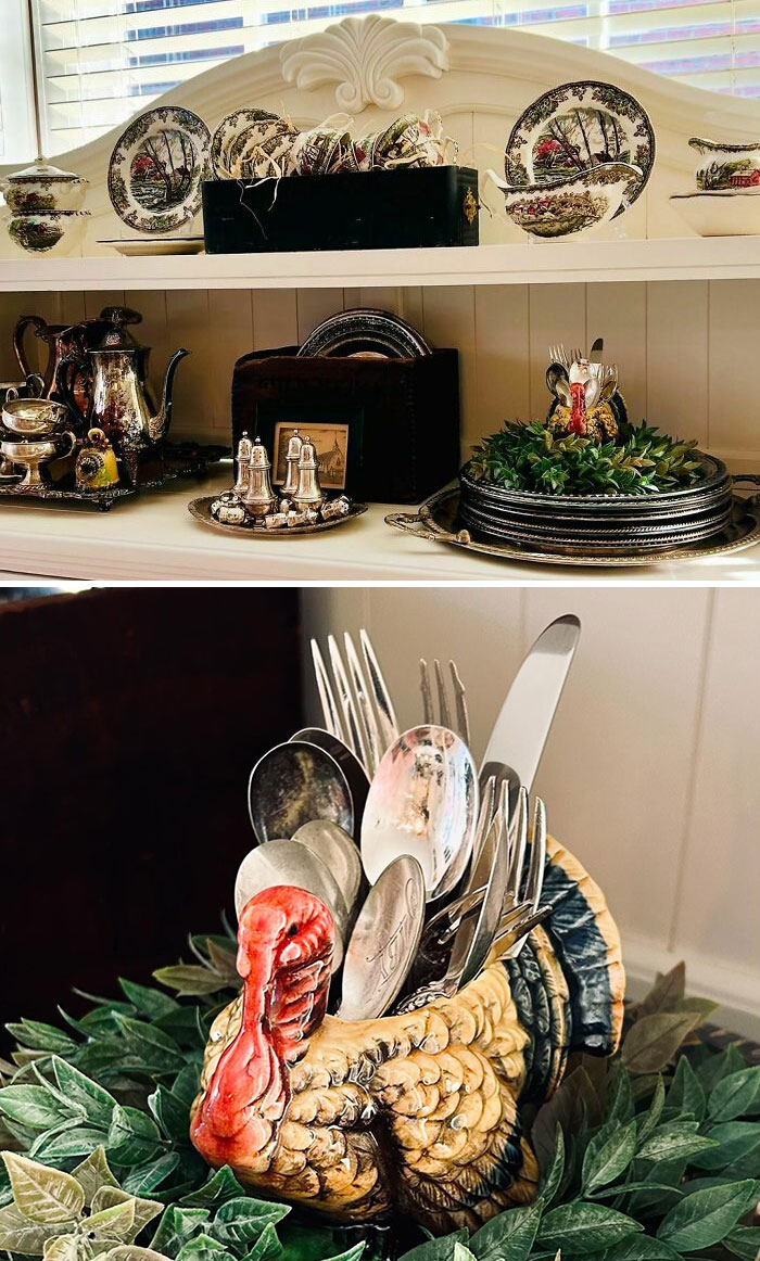 I Have Decorated My Kitchen Hutch With Some Vintage Turkeys, Silver, And My Small Collection Of Friendly Village Dishes