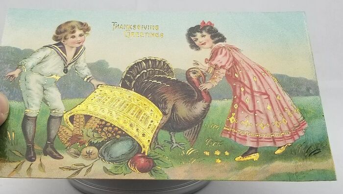 Thanksgiving Postcard Children With Turkey