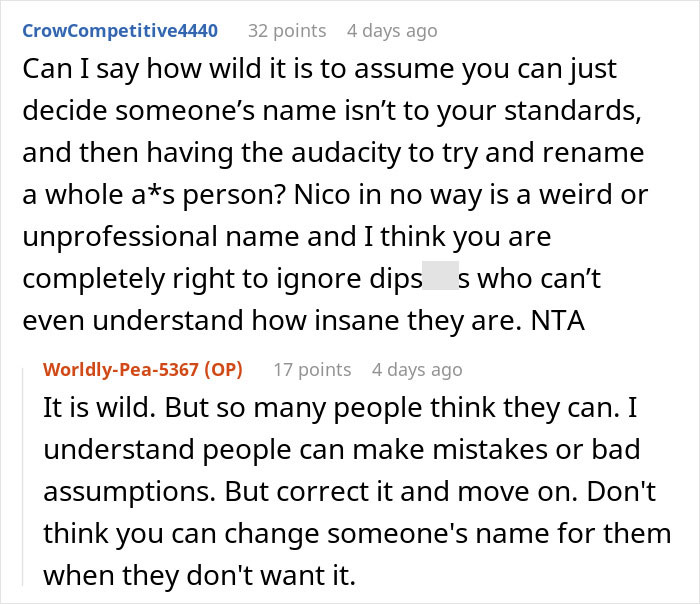 Reddit user defending teen's real name choice against family renaming attempts.