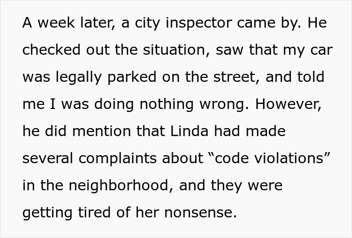 Text about a city inspector addressing a neighbor's complaints on code violations.