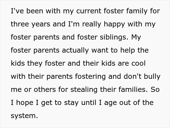 Text about foster family experience and happiness with foster parents and siblings.