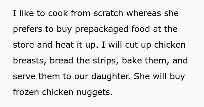 Text describing cooking from scratch versus buying prepackaged food, related to food complaints.