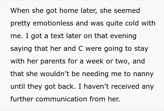 Text screenshot about a nanny discussing a lack of communication after revealing a husband’s affair.