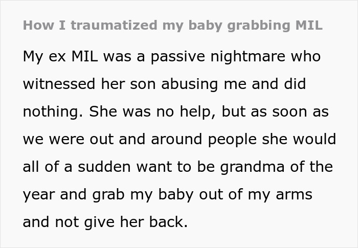 Text about a mom describing her experience with a baby-grabbing MIL who wouldn't return her child.