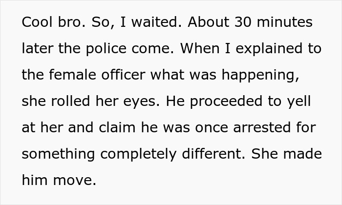 Text snippet describing an encounter with a male showing sexist behavior toward a female officer.