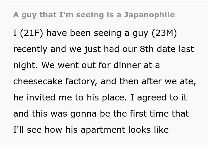 Text describing a date experience where a woman visits a man's apartment decorated with Japanese culture.