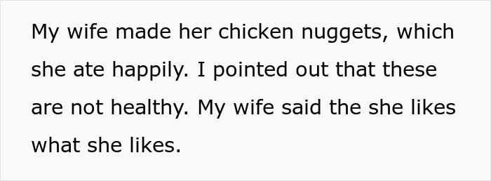 Text expressing frustration over wife's unhealthy food choices, highlighting her preference for chicken nuggets.