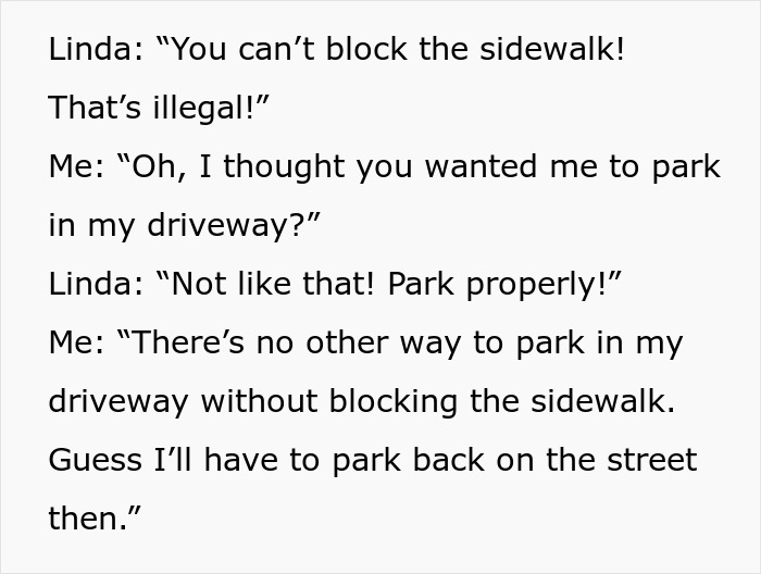 Text exchange about parking in a driveway, featuring a disagreement with a neighbor.