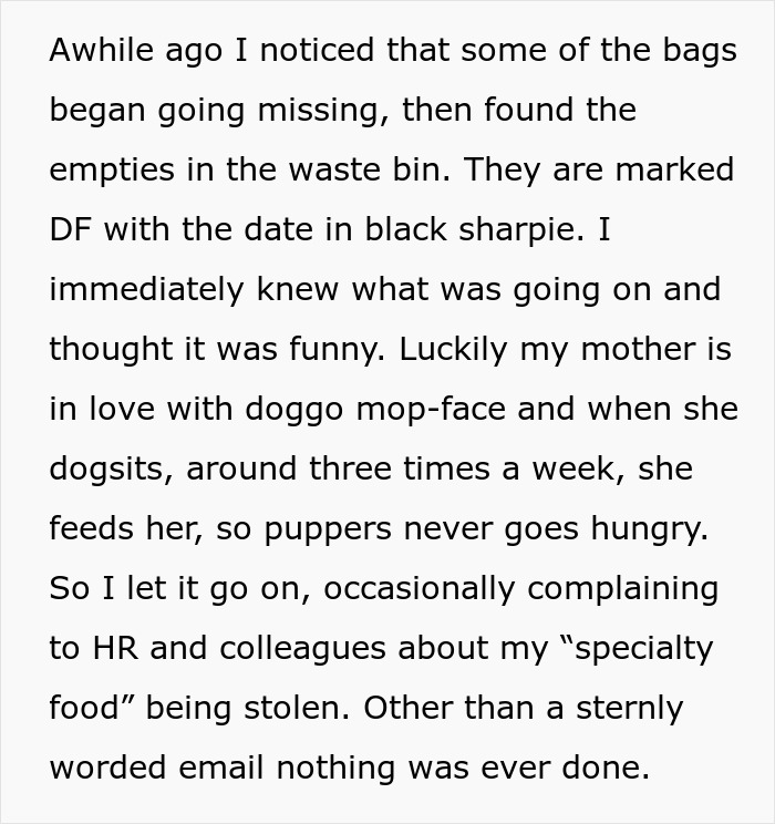 Woman Lets Lunch-Stealing Coworkers Eat Dog Food For 6 Months, Proudly Announces It During A Meeting