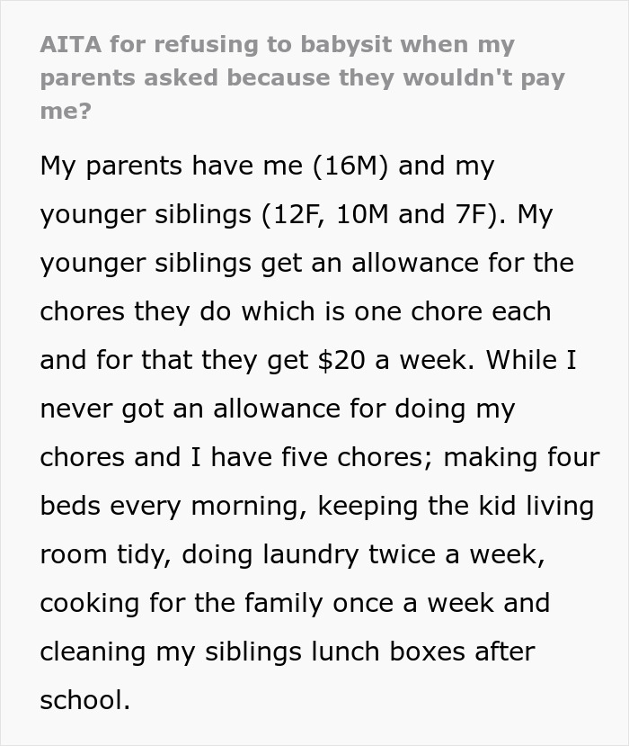 “AITA For Refusing To Babysit When My Parents Asked Because They Wouldn't Pay Me?”