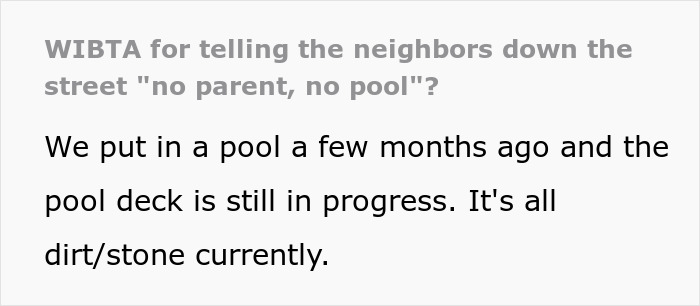 Text from a discussion about kids and safety around an unfinished pool area.