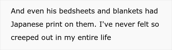 Text about bedsheets with Japanese print, person feels creeped out.