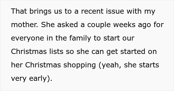 Text discussing early Christmas shopping lists due to family issues.