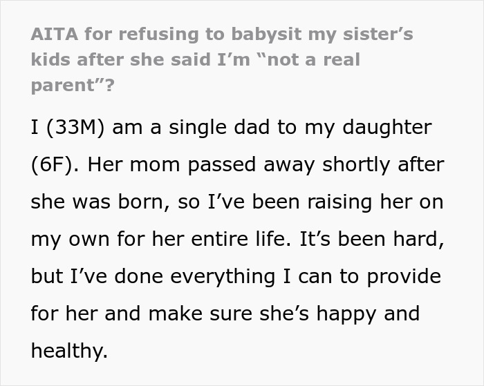 “AITA For Refusing To Babysit My Sister’s Kids After She Said I’m ‘Not A Real Parent’?”