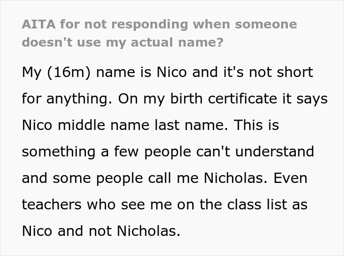 Text describing a teen frustrated with extended family for not using his real name, Nico, instead calling him Nicholas.