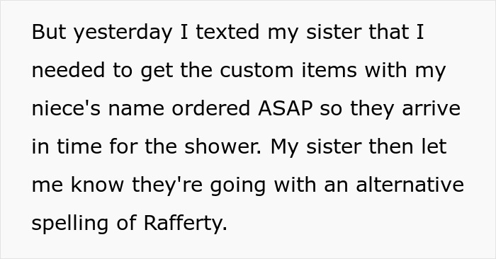 Text message about niece's custom items, noting alternative spelling of Rafferty.