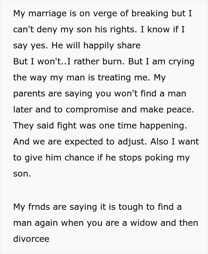 Text expressing a mom's refusal to compromise her son's college fund amid marital issues.