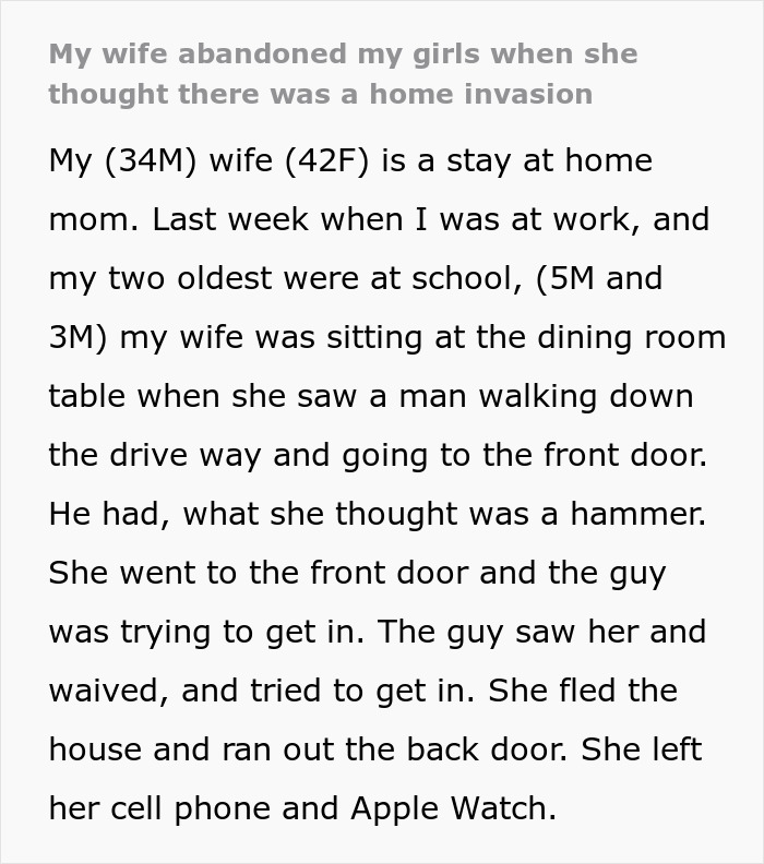 Text describing a home invasion scare where a wife left behind twins.