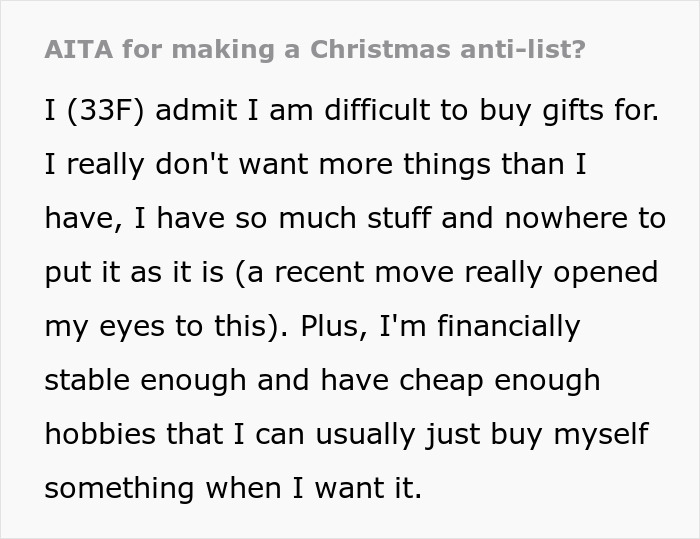 Text about woman creating a Christmas anti-list to avoid unnecessary gifts like fun socks and Funko Pops.