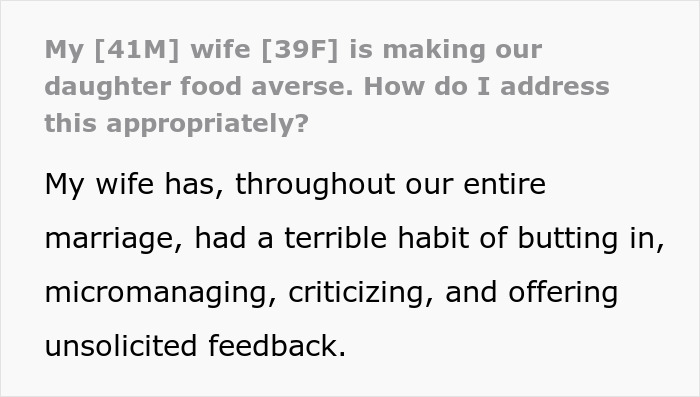 Text complaining about wife's food habits and unsolicited feedback.