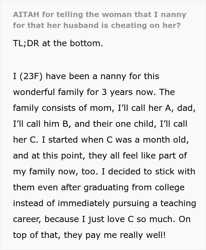 Nanny regrets revealing husband's affair, worried she ruined boss's marriage.