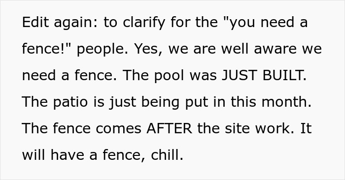 Text explaining the absence of a fence around a newly built pool and upcoming patio installation.