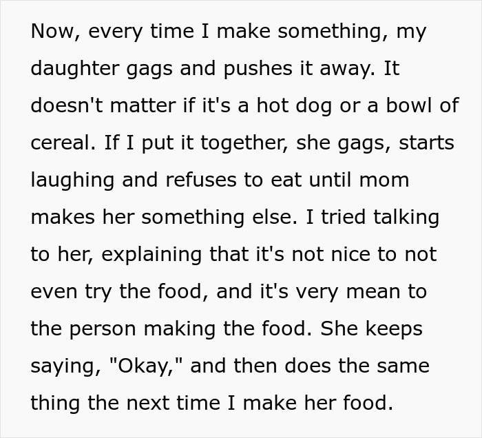 Text about food complaints, featuring a parent's frustration with their daughter's refusal to eat meals they prepare.