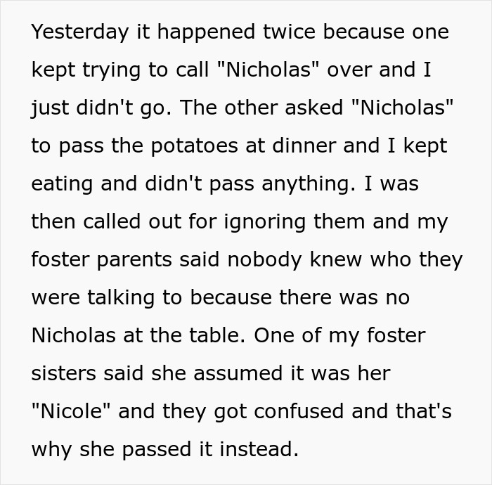 Text excerpt about a teen ignoring people who use the wrong name at family dinner.