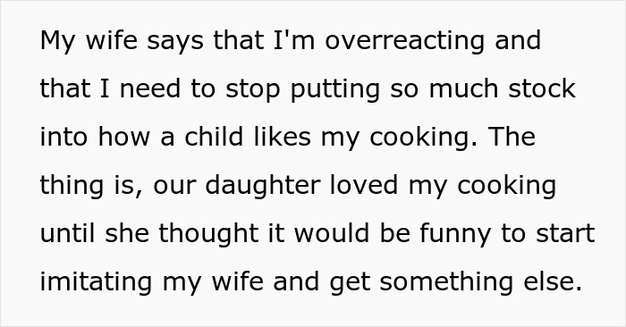 Text discussing wife's complaints about cooking preferences and a child's reaction.